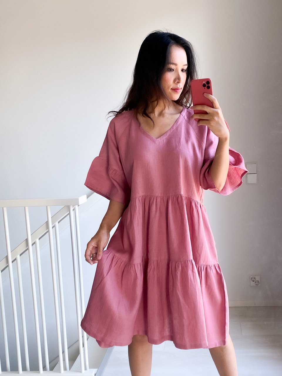 Linengirls LYHYT Onesize Premium Everyday Linen Dress V-kaula - Wild Berry1