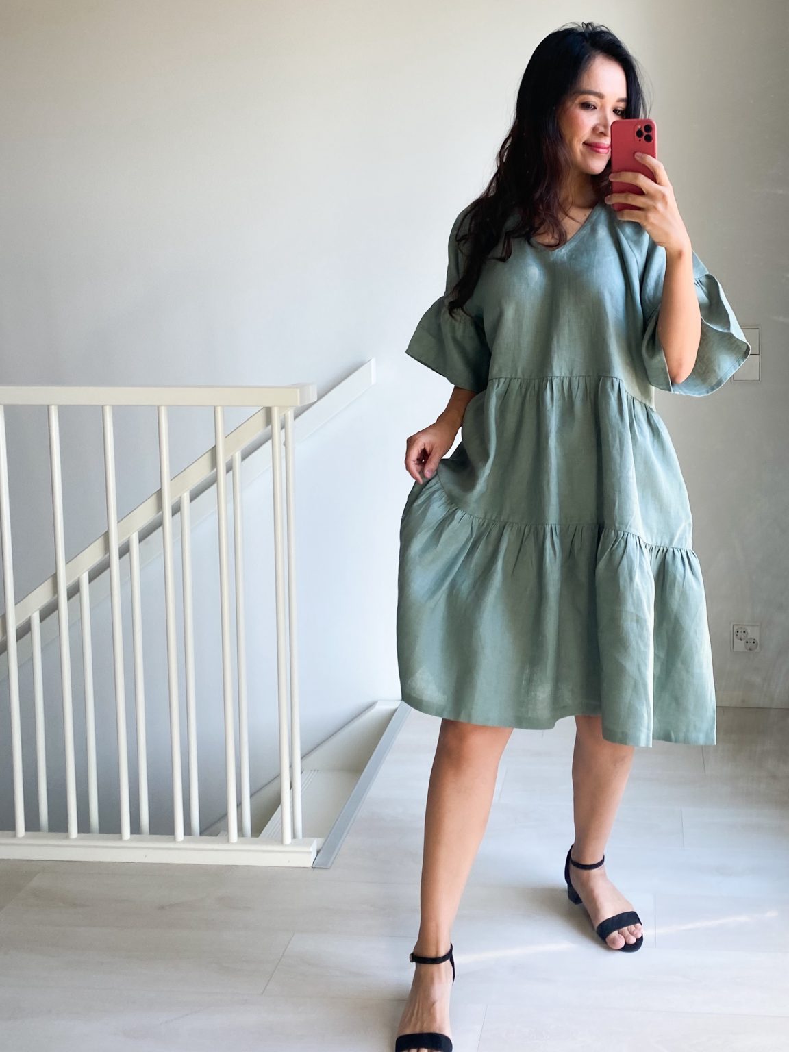 LYHYT Onesize PREMIUM Linengirls mekko V-kaula - Sage Brush 2