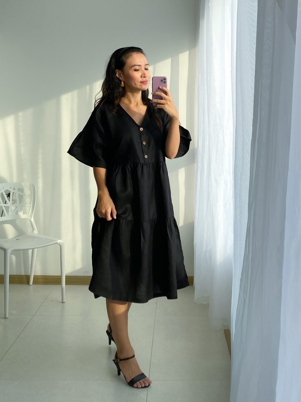 Midi Onesize PREMIUM Linengirls mekko V-pääntie + napit - THE Black