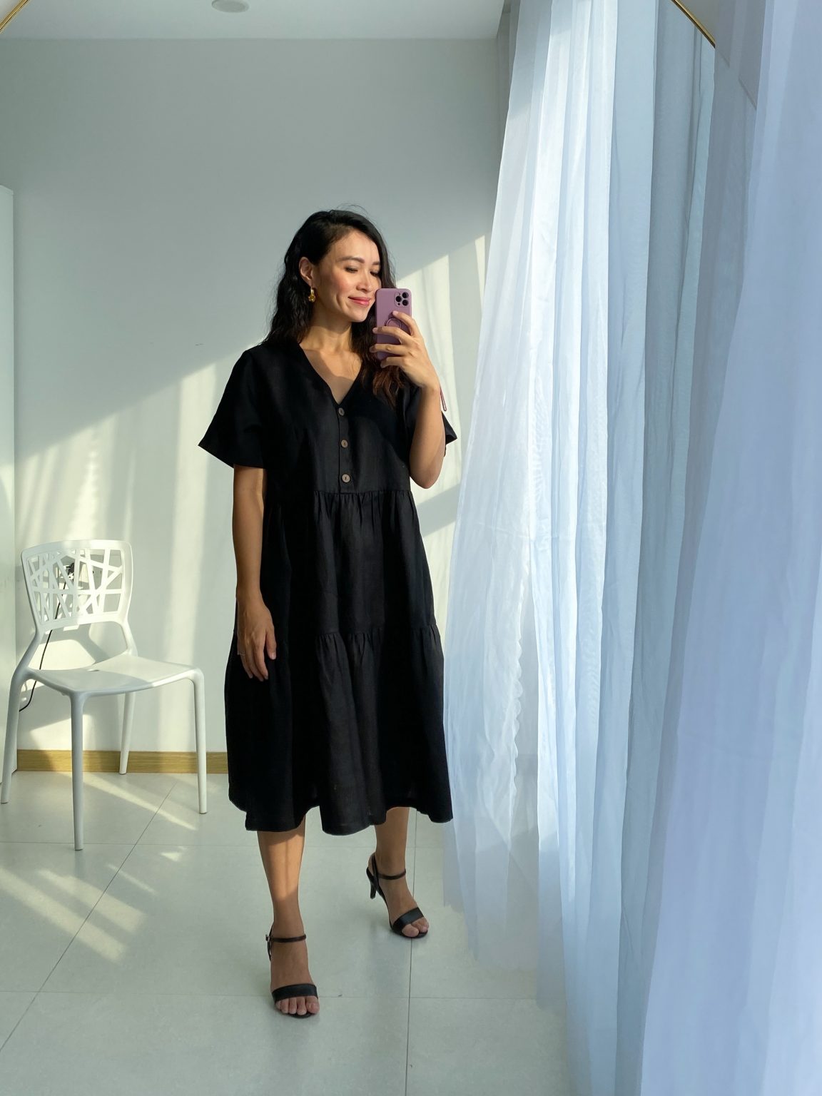 Linengirls Midi Onesize PREMIUM Lempimekko V-pääntie + napit - THE Black