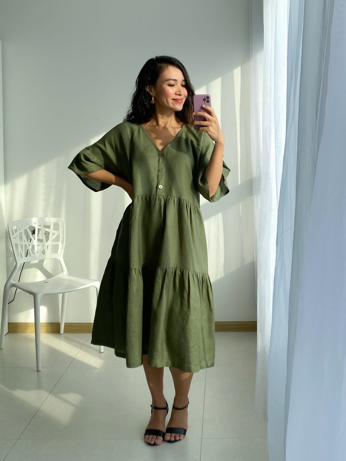 Linengirls Midi Onesize PREMIUM Linengirls mekko V-pääntie + napit - Moss Green