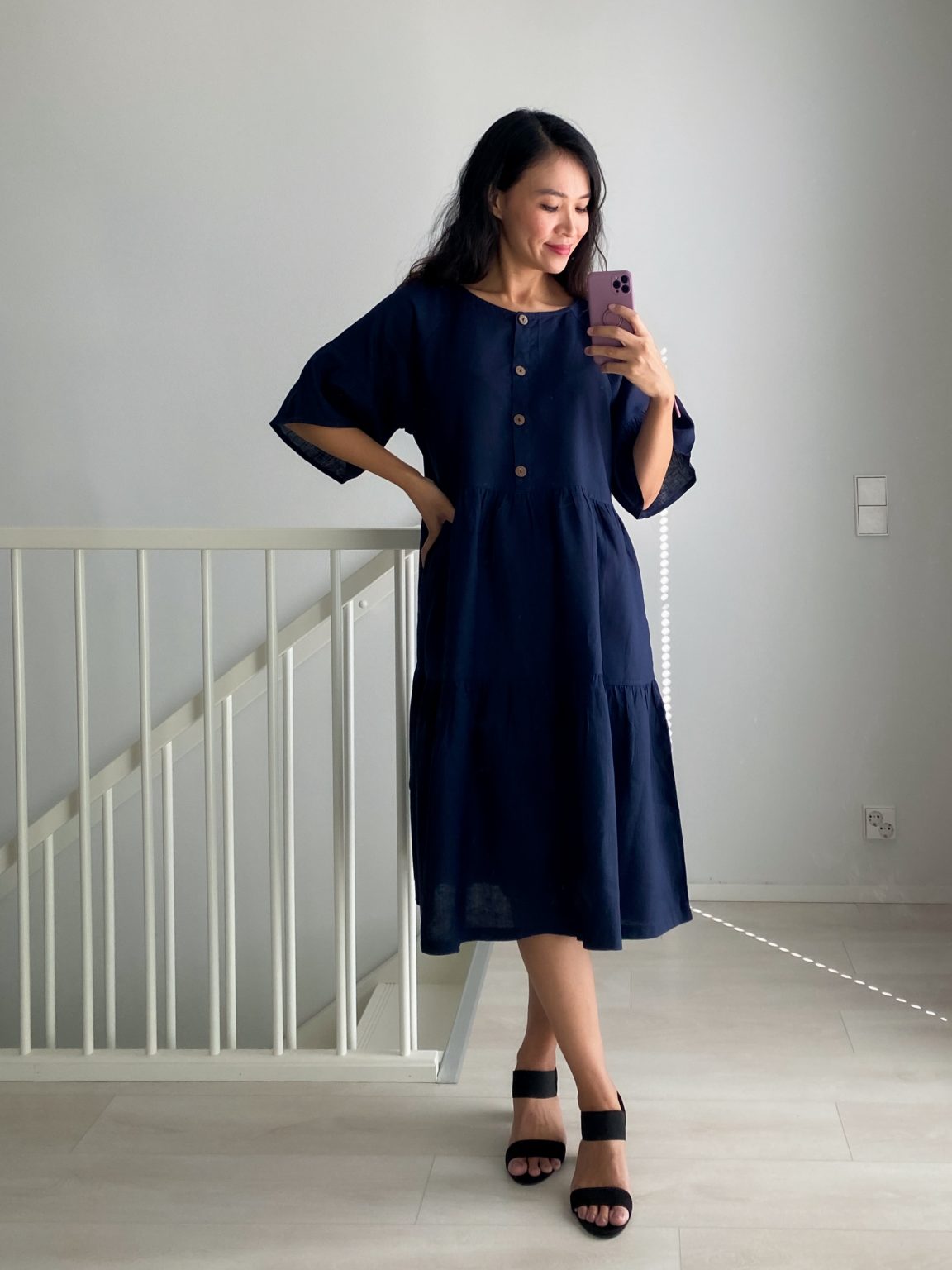 Midi Onesize PREMIUM Linengirls mekko O-pääntie + napit - Midnight Blue 2