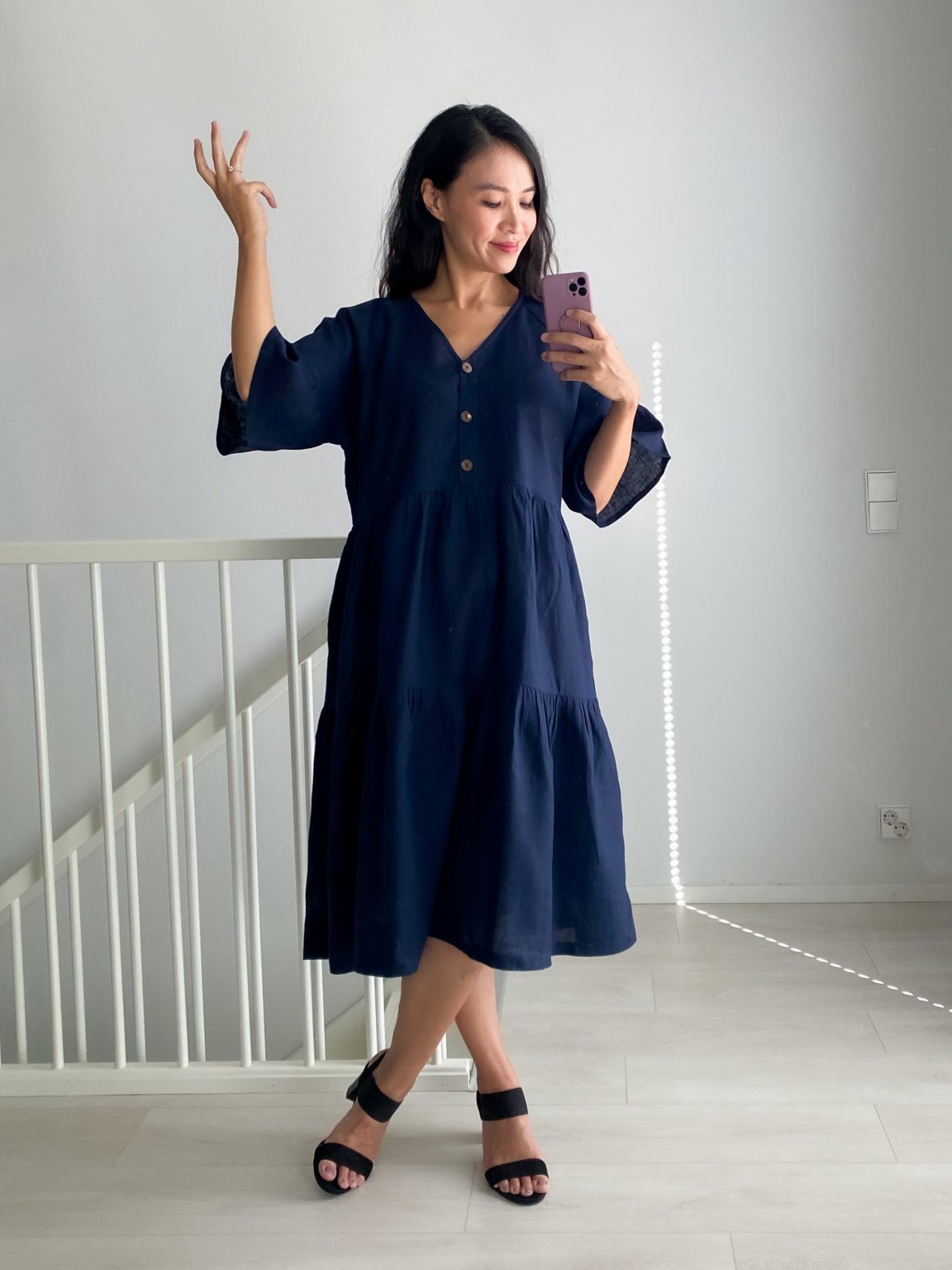 Midi Onesize PREMIUM Linengirls mekko V-pääntie + napit - Midnight Blue 1